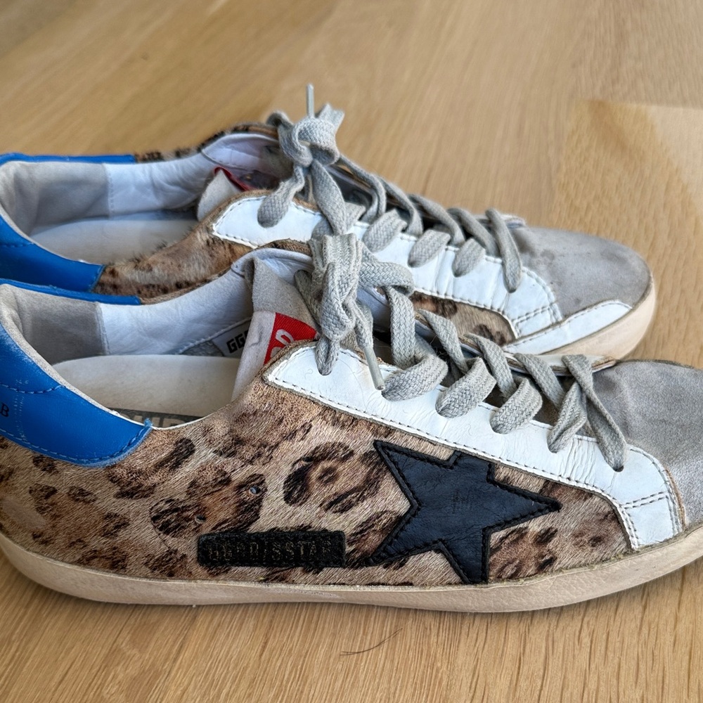 Golden Goose Leopard-Print Low-Top Sneakers with Blue Heel